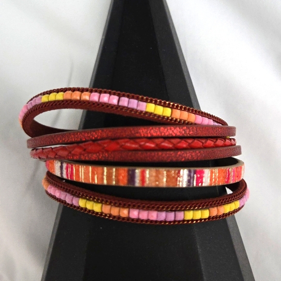 Leather Wrap Boho Bracelet With Magnetic Closure 7" in Length - Picture 2 of 8